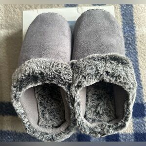 Isotoner Gray Faux Suede Slippers with Plush Trim